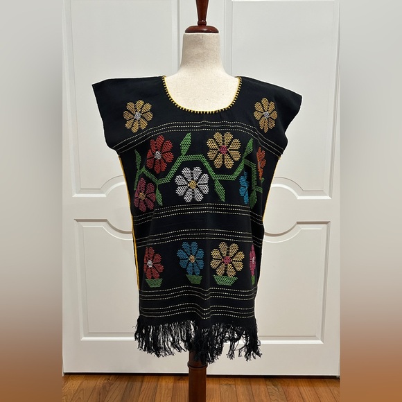 PC # B-130 Tops - Multicolored Floral Embroidered Mexican Blouse 100% handmade.